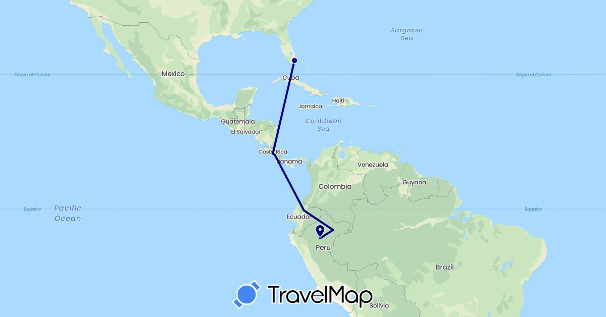 TravelMap itinerary: driving in Costa Rica, Ecuador, Peru, United States (North America, South America)